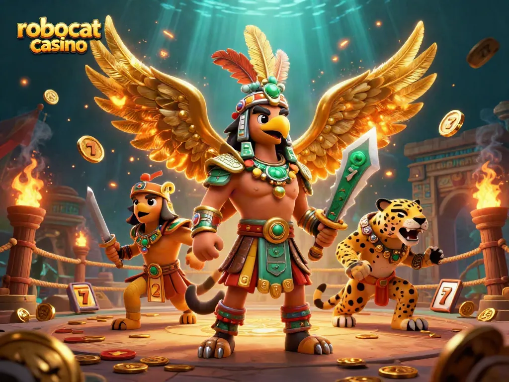 Experience the thrill of robocat casino with dynamic slot reels and Aztec warriors in action.