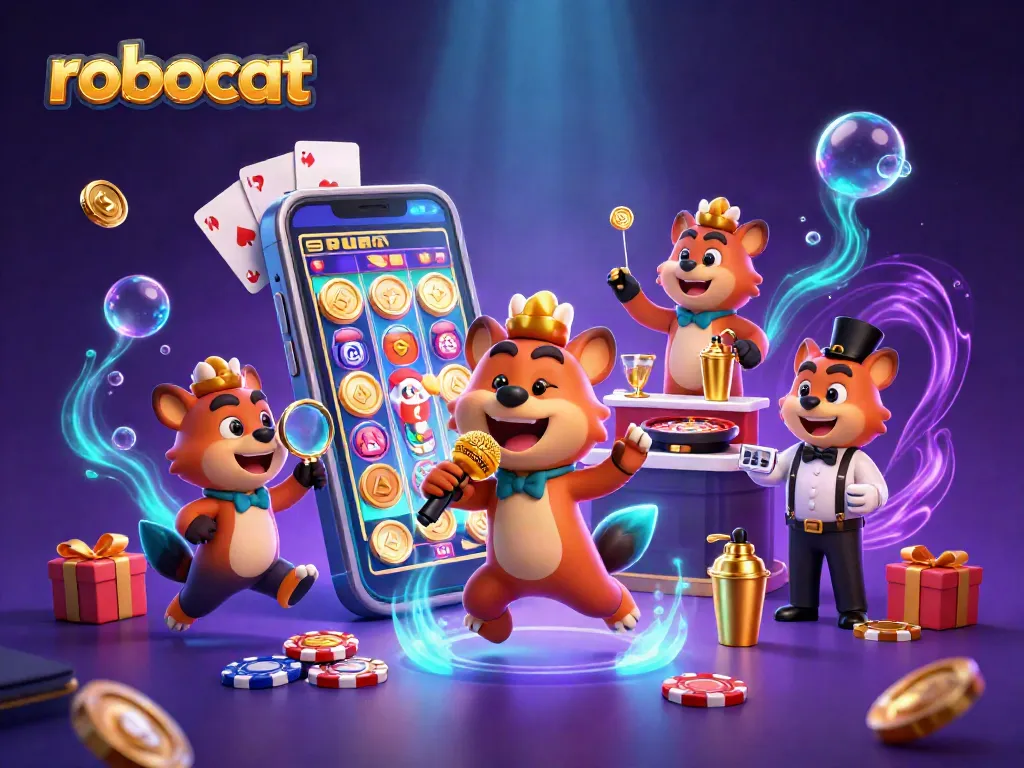 robocat features a vibrant casino scene with hyenas, slot games, and lively entertainment