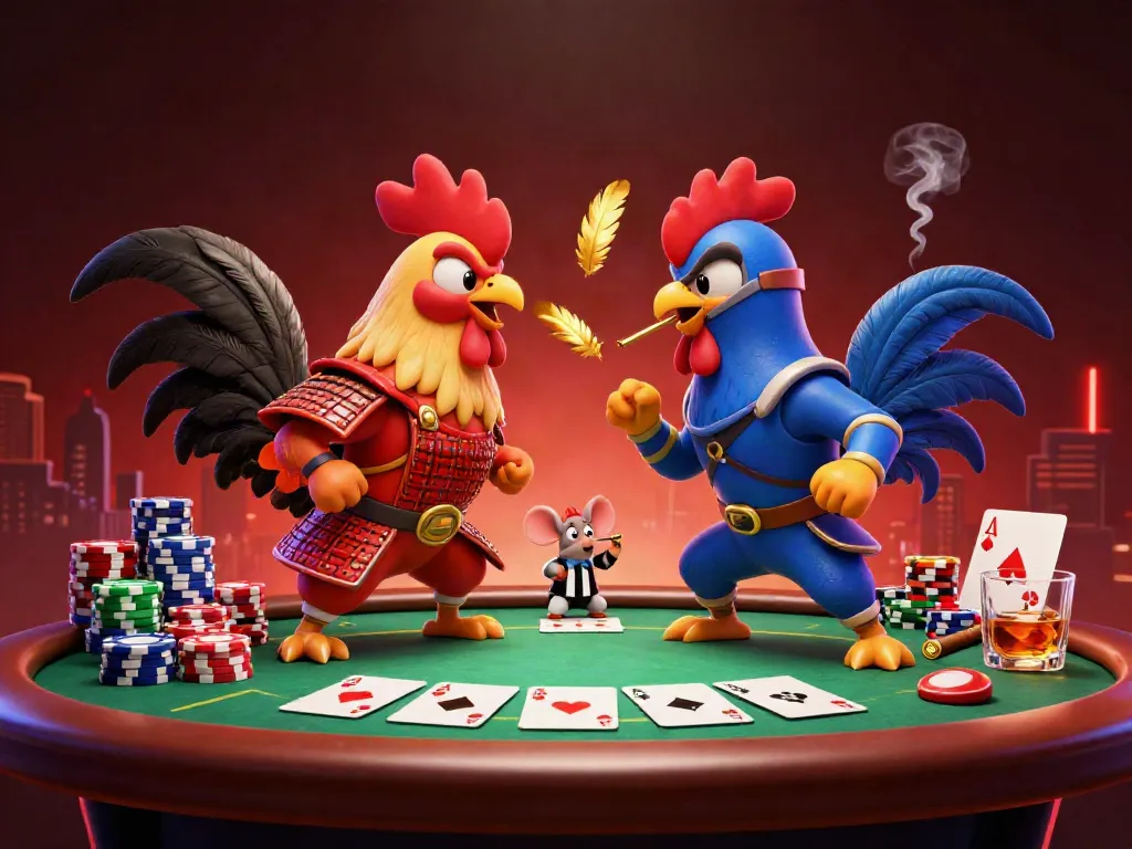 Watch the twin fighting roosters in armor battle in a vibrant casino scene at bonfireblockparty.