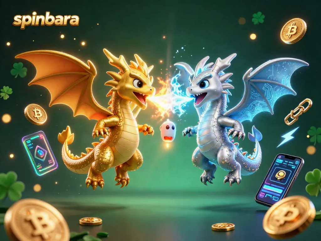 Spinbara's captivating dragons soar amidst crypto elements, embodying a vibrant casino experience.