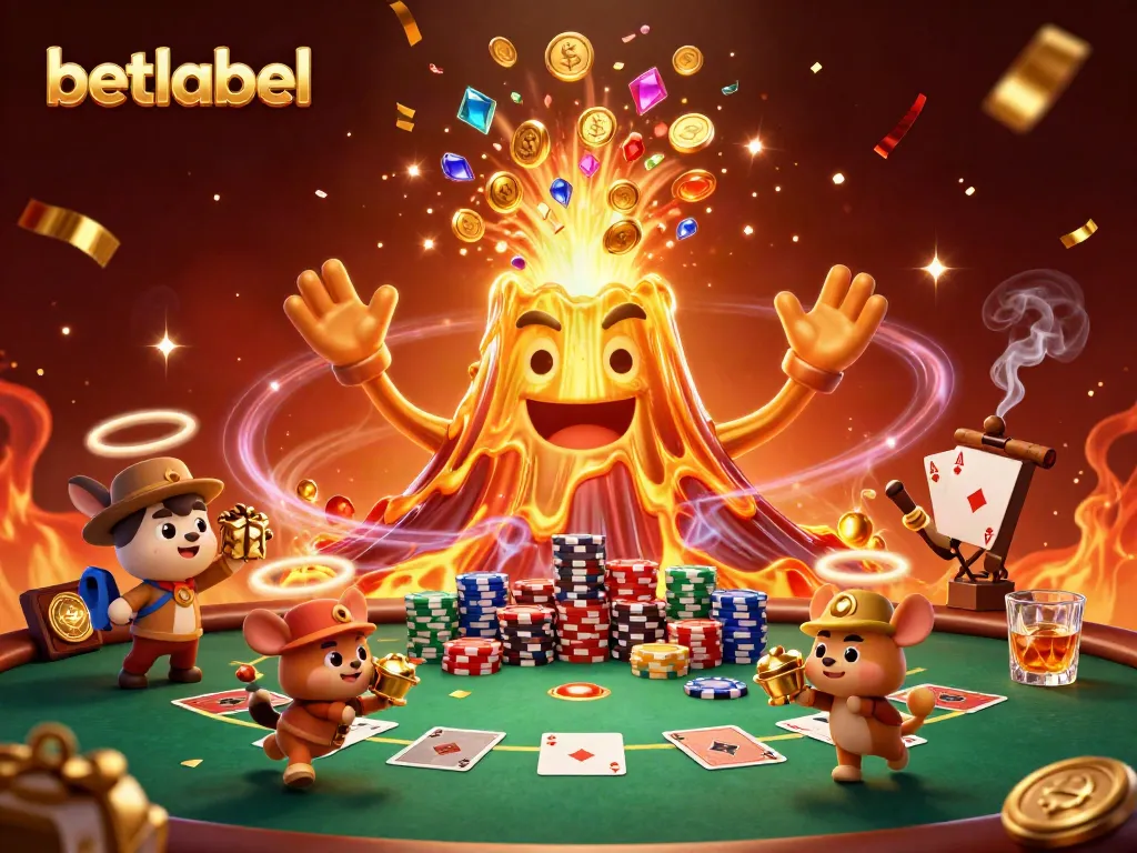 Experience thrilling moments at betlabel with a rich scene of cartoon volcanoes and poker elements.
